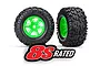Two Traxxas X-Maxx 8S all-terrain tyres mounted on bright green rims, shown from front and side angles against a white background.