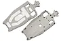 Two views of a silver 7075-T6 aluminium chassis for the Traxxas Jato RC car, showing top and bottom sides with mounting holes.