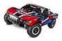 Traxxas Slash 4x4 RC short course truck in red, black, and blue livery with active LED front lights, shown from a front three-quarter angle.