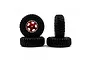 A set of four 1/24 scale RC crawler wheels with red 5-spoke aluminium rims and black rubber off-road tyres against a white background.