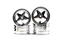 A set of four silver 5-spoke aluminium RC car rims stacked against a white background.