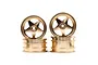Four gold-coloured 5-spoke aluminium RC car rims stacked against a white background.