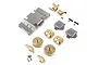 A collection of metal RC upgrade parts including skid plates, brass steering knuckles, and differential covers for an Element Enduro chassis.