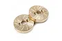 Two circular brass axle weights for an RC car, featuring a drilled and slotted brake disc design, isolated on a white background.