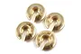 Four brass spring retainers for RC car suspension arranged on a white background.