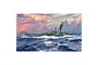Box art illustration of the USS Guam CB-2 battleship sailing through rough seas at sunset, featuring the Trumpeter logo in the corner.