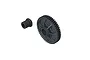 A black plastic spur gear and a separate matching gear hub component isolated on a white background.