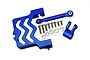 GPM Racing blue anodized aluminium servo mount, steering link, and hardware set on a white background.