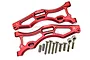 A pair of red anodized aluminium front lower suspension arms for an RC car, including mounting screws and ball studs.