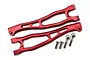 A pair of red anodized aluminium front upper suspension arms for an RC car, including mounting hardware, against a white background.