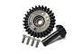GPM Racing carbon steel differential gear set including a large ring gear, a small pinion gear, and four mounting screws on a white background.