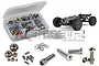 RC Screwz stainless steel screw kit for Arrma Talion 6S BLX, featuring a plastic storage box filled with screws, loose hardware, and an Arrma Talion RC car.