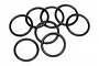 A cluster of eight black rubber O-rings arranged on a plain white background.