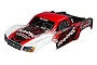 A pre-painted Traxxas Slash short course truck body shell in red, white, and black with racing decals on a white background.