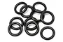 A pile of ten small black rubber O-rings arranged on a white background.