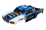 Traxxas Slash short course truck body shell with blue, white, and black racing livery and sponsor decals.