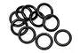 A cluster of ten black rubber O-rings arranged on a plain white background.