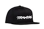 A black flat bill baseball cap featuring the white embroidered Traxxas logo on the front panel.
