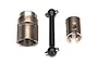 Traxxas UDR steel centre front driveshaft set components including a central dogbone shaft and two metal drive cups on a white background.