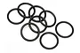 A cluster of eight black rubber O-rings arranged on a plain white background.