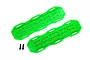 Two bright green scale recovery boards for RC crawlers with two black mounting screws on a white background.