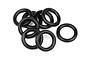 A cluster of eight black rubber O-rings arranged on a plain white background.