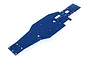 A blue anodized aluminium lower main chassis plate for an RC vehicle, featuring various mounting holes and cutouts.