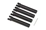 Four black Traxxas Maxx outer driveshafts arranged diagonally with small metal clips on a white background.