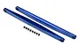 Two blue anodized aluminium rear suspension trailing arms for Traxxas UDR with small black spacers on a white background.