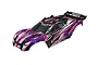 Traxxas Rustler 4x4 VXL pink, purple, and silver pre-painted RC stadium truck body shell with rear wing and roof skids.