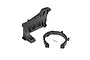 Traxxas motor mount components for Maxx RC vehicle including a black plastic mount, a circular motor clamp, and a small metal pin.