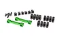 A set of green aluminium suspension arm hinge pin retainers and various grey plastic suspension components for a Traxxas RC car.