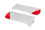 Two white foam RC airplane wings with red wingtips, shown from a high angle against a white background.