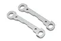 Two silver aluminium RC front hinge pin braces for Losi vehicles, shown from an angled top-down perspective.