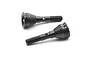 Two black metal RC wheel axles with threaded ends and cup-shaped joints, isolated on a white background.