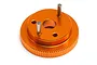 An orange anodized aluminum flywheel for a 2-shoe RC clutch, featuring two silver metal clutch pins and a central hole, isolated on a white background.