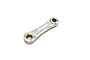 A silver-coloured metal connecting rod for an RC engine, featuring two circular ends with brass bushings, isolated on a white background.
