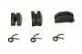 Three black Teflon clutch shoes and three matching metal clutch springs arranged on a white background.