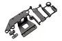 A set of black plastic RC car battery holder parts on a white background, including mounting brackets and frame components.