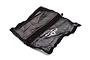 A black Dusty Motors protective mesh cover for RC vehicles, featuring a central zipper and white logo branding.