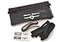 Dusty Motors XXLage Universal Adjustable Cover kit including a black mesh cover with zipper, adhesive velcro strip, fabric strip, and logo stickers.