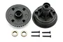 HPI Racing Sprint 2 32T differential case parts including two plastic housing halves, two metal bushings, and four small screws on a white background.