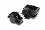 Two black plastic gearbox case halves for an HPI Savage RC truck shown from an angled perspective against a white background.