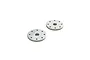 Two white circular RC shock pistons with eight small holes and a central mounting hole, isolated on a white background.