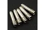 Five silver steel screw shafts with threaded heads and smooth shanks arranged diagonally on a dark textured surface.