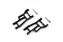 Two black aluminium front suspension arms for an RC car with two metal hinge pins on a white background.
