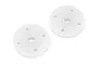 Two white circular plastic shock pistons with four small holes each, designed for HPI Savage RC vehicles.