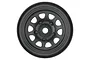 A front-facing view of a black Pro-Line 1.55 inch Keystone beadlock rim for RC crawler vehicles, featuring a classic multi-hole steel wheel design.