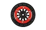 A Pro-Line F-11 beadlock rim for RC short course trucks, featuring a black wheel design with a bright red beadlock ring and silver hardware.