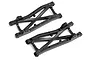 A pair of black molded plastic rear suspension arms for HPI RC vehicles, showing left and right markings.